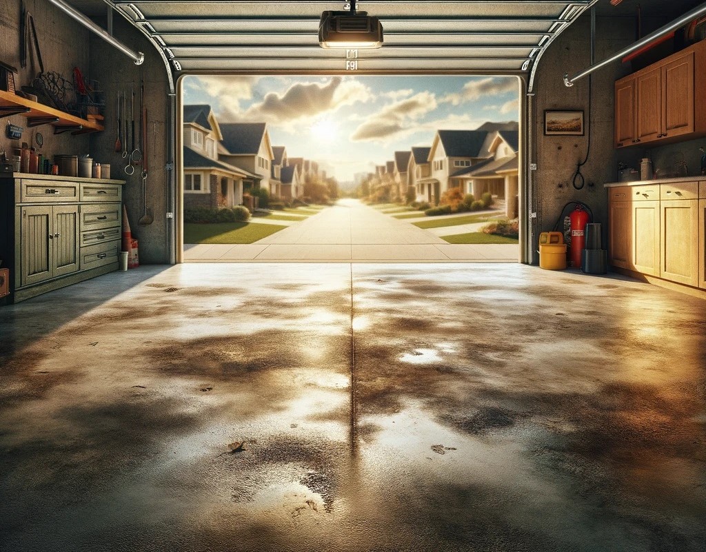 artist rendition: oil stained garage floor before epoxy and polyaspartic restoration